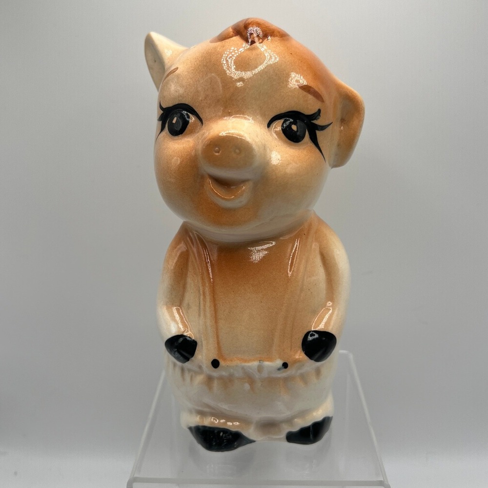 Vintage Taiwan Ceramic Pig Bank Kitsch Cottagecore Nursery Ceramic 6.75in